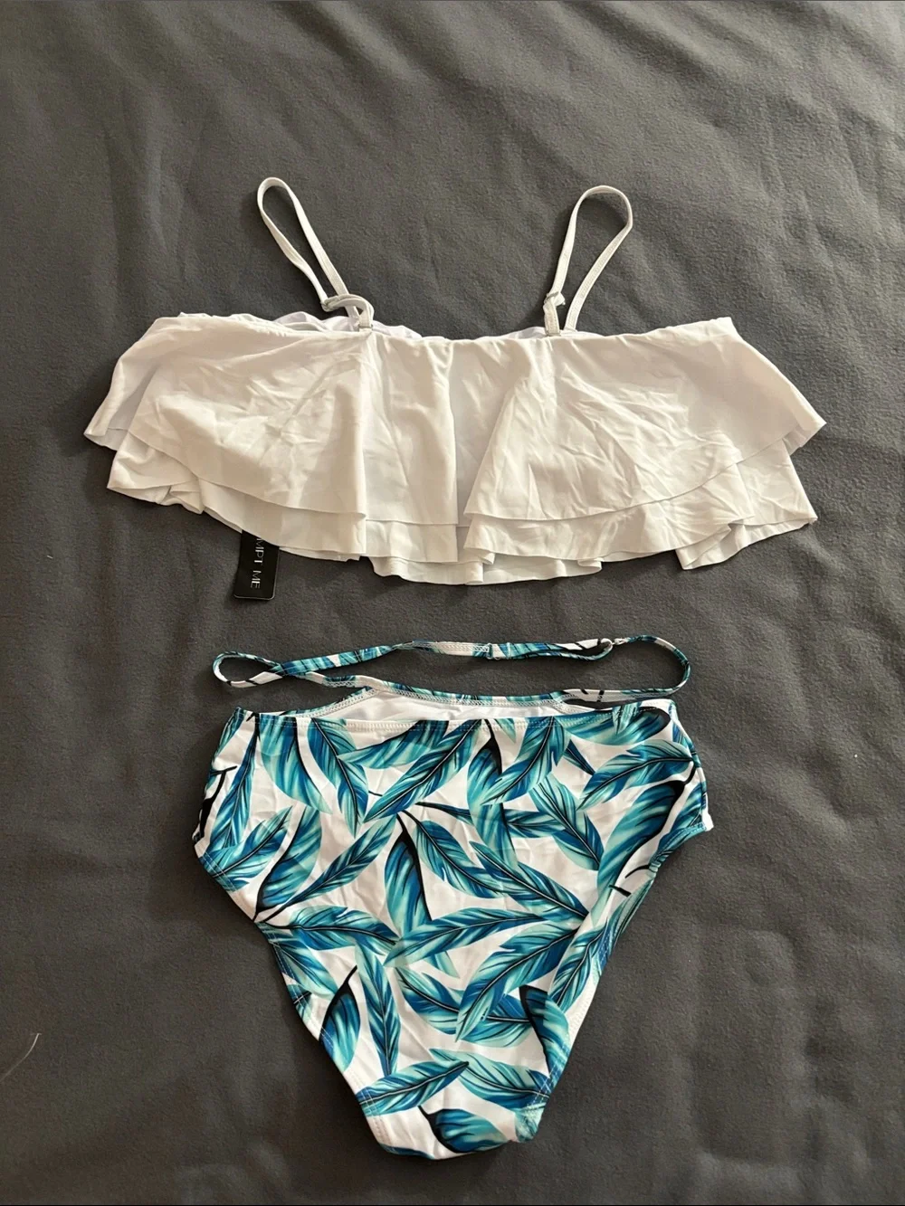 Tempt Me White Ruffle Bikini Blue Palm Leaf Bottoms Women’s M NWT